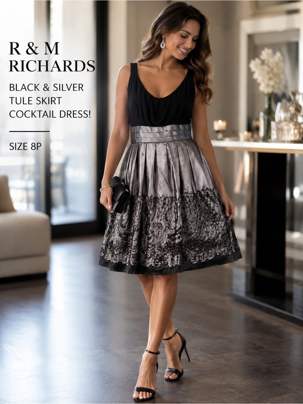 R&M Richards Black Silver Tulle Embroidered Cocktail Party Dress 8P Petite
